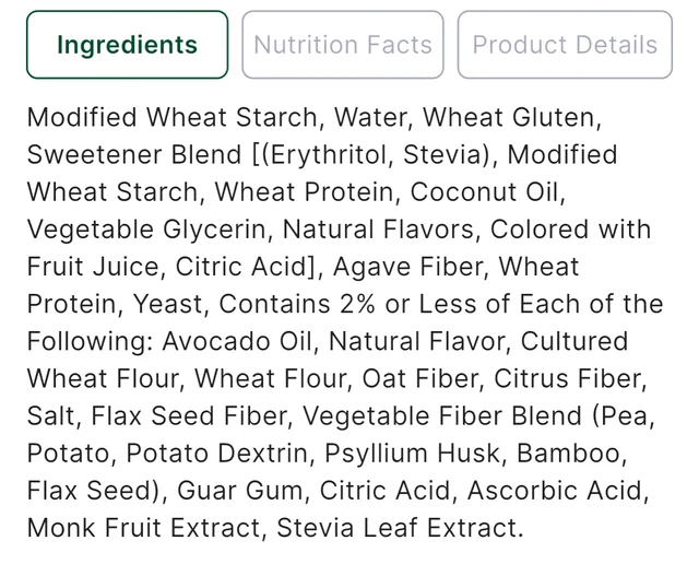 Ingredients tab of a scanned product in Guiltless (in this example, a bagel), listing modified wheat starch, wheat gluten, a sweetener blend of erythritol and stevia, wheat protein and other ingredients.