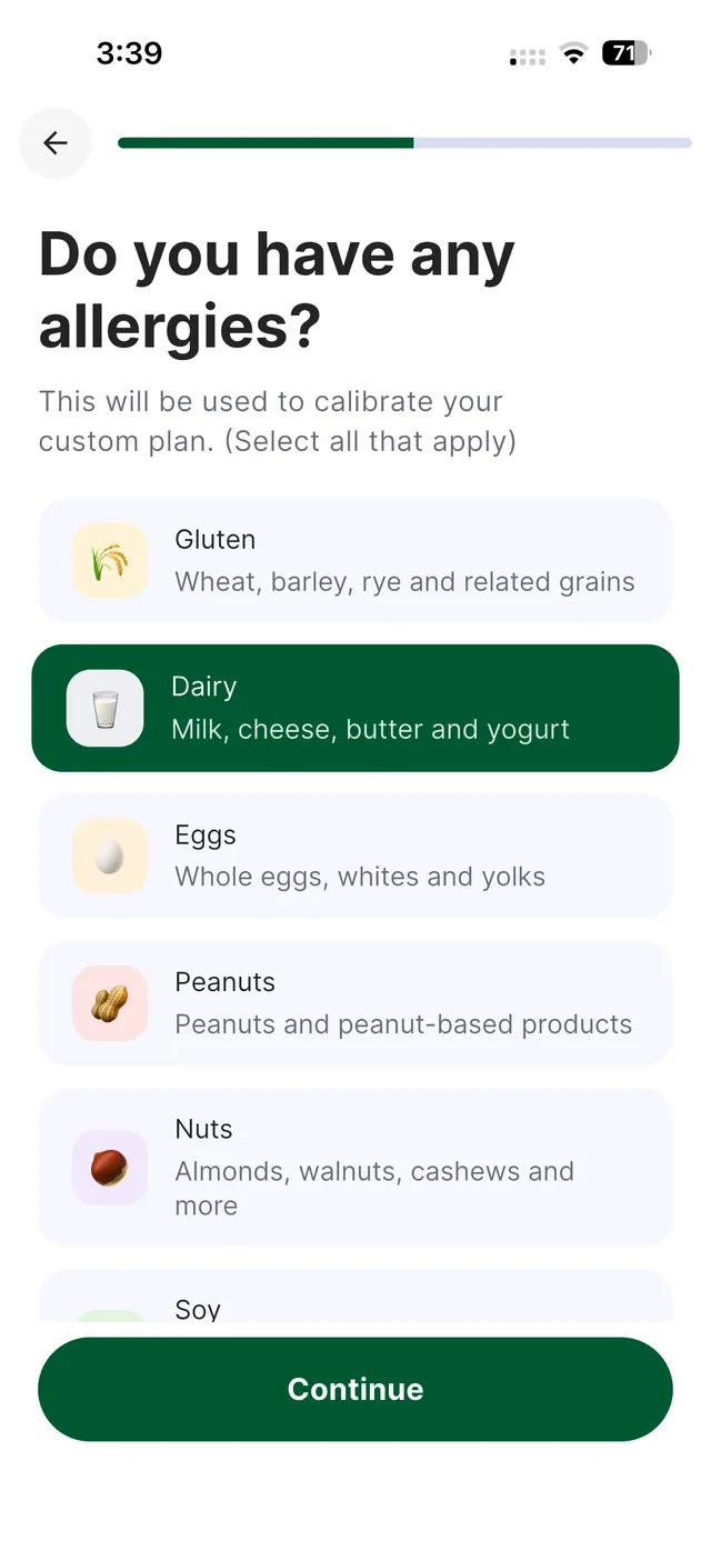 Guiltless setup screen that asks 'Do you have any allergies?' Dairy is picked. Gluten, Eggs, Peanuts, Nuts and Soy are also shown.