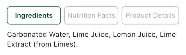 The same product's Ingredients tab: Carbonated Water, Lime Juice, Lemon Juice, Lime Extract (from Limes).